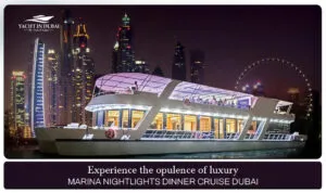 Dubai Marina luxury dinner cruise, Marina nightlights dinner cruise Dubai blog banner by Yacht in Dubai